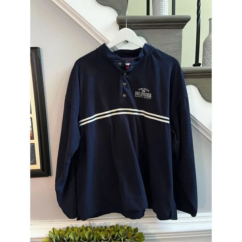 Tommy Hilfiger Y2K Navy Hilfiger Athletics Quarter Button Pullover sz XL